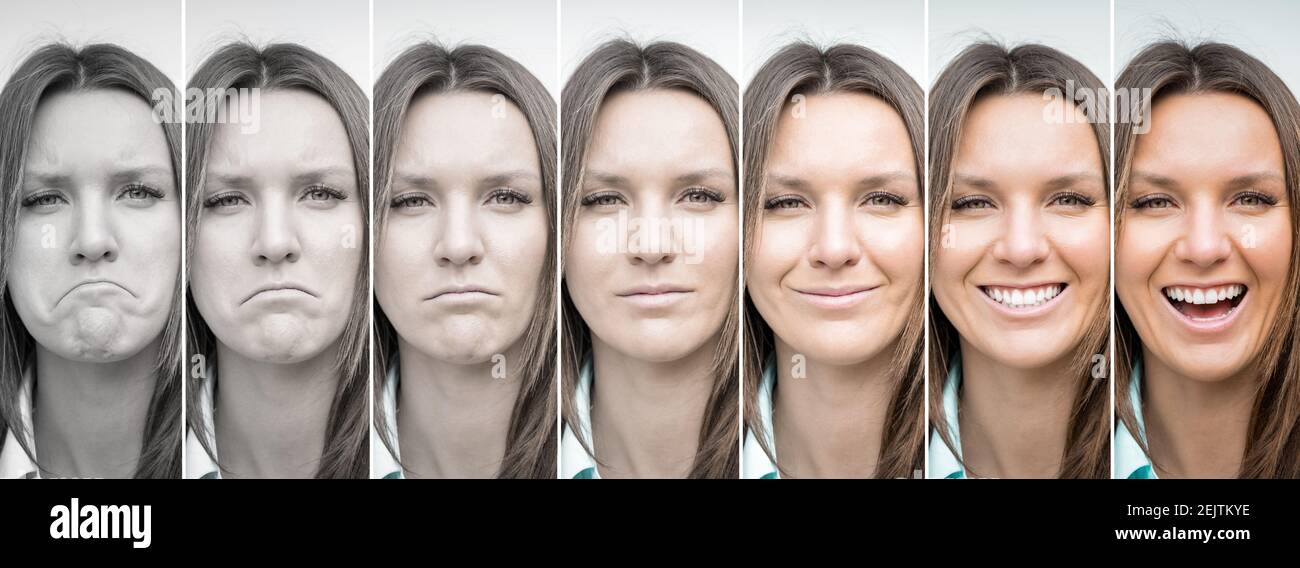 Trauriges und glückliches Frauengesicht. Bipolare Störung. Emotionaler Kontrast Stockfoto