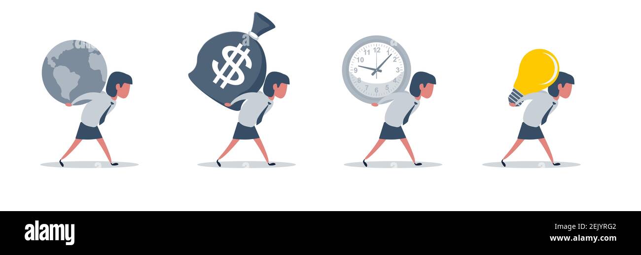 Porträt einer hübschen jungen Frau, die eine große Uhr, einen vollen Geldsack, den Planeten Erde, eine Idee Glühbirne, gegen eine graue trägt. Stock Vektor