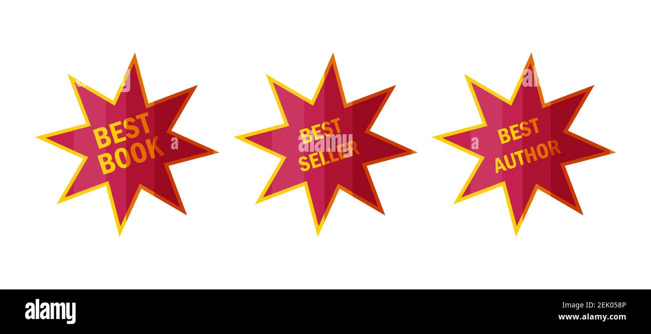 Bestseller Aufkleber und Abzeichen. Star-Labels für Top-Buchhändler im Cartoon-Stil. Vektorgrafik isoliert auf weißem Hintergrund Stock Vektor
