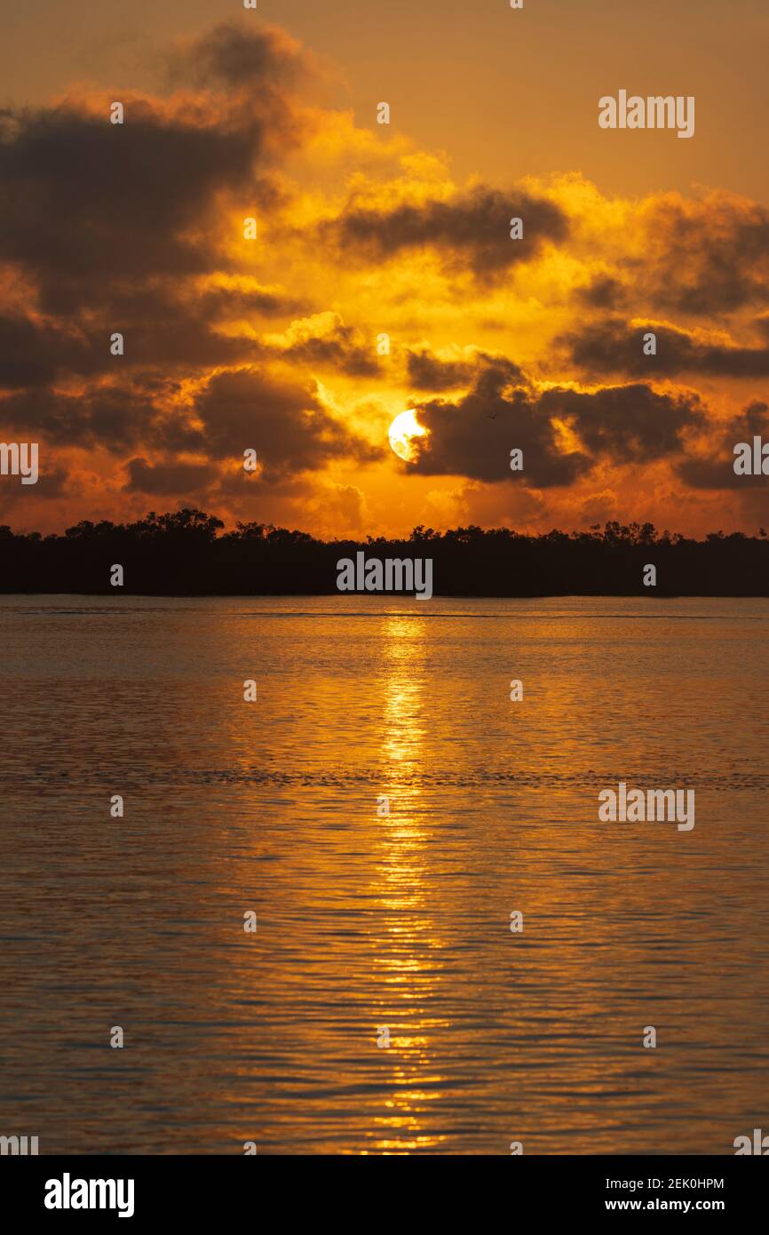 Atmosphärischer Blick auf einen roten Himmel mit Spiegelung der aufgehenden Sonne im Meer, Miara, Queensland, QLD, Australien Stockfoto