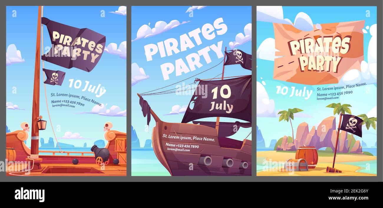 Pirates Party Kinder Abenteuer Cartoon Poster mit Schatzkiste mit Gold auf geheime Insel, Filibuster Schiff mit fröhlichen roger Flagge und Kanone, Einladung für Kinder Veranstaltung, Vektor vertikale Flyer Set Stock Vektor