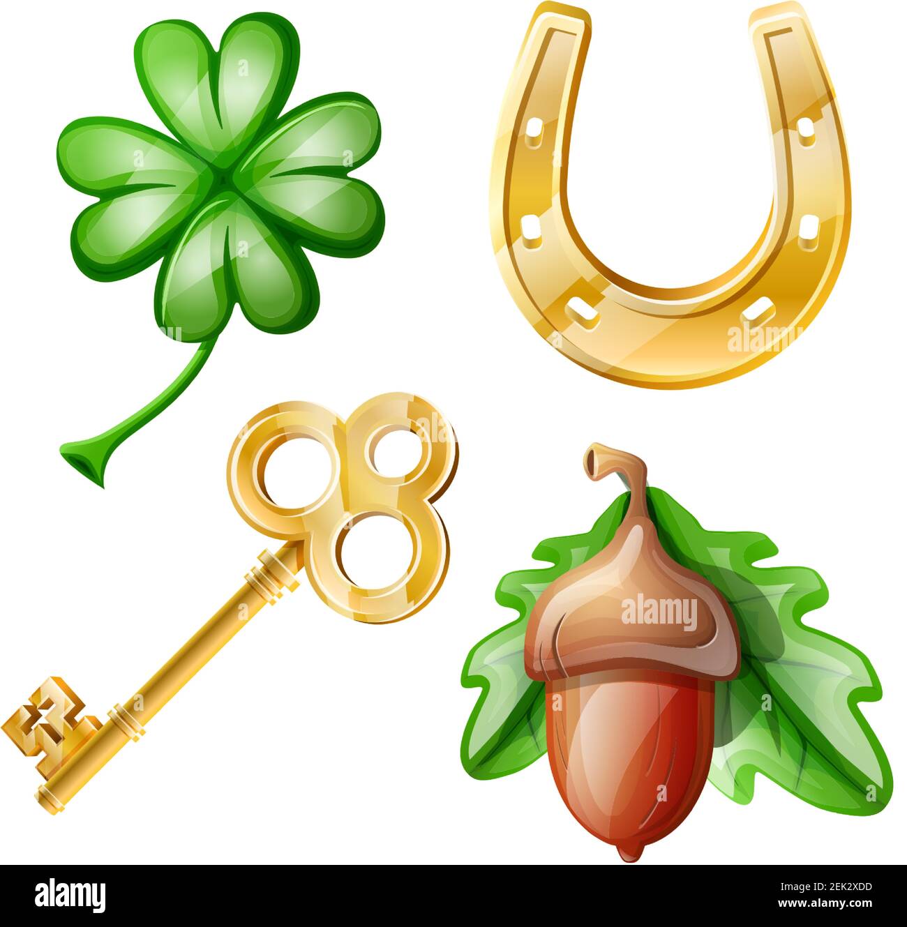 Vektor-Cartoon-Set von Glückssymbolen: Klee, goldenen Schlüssel, Hufeisen, Eichel. Isoliert auf weißem Hintergrund. Stock Vektor