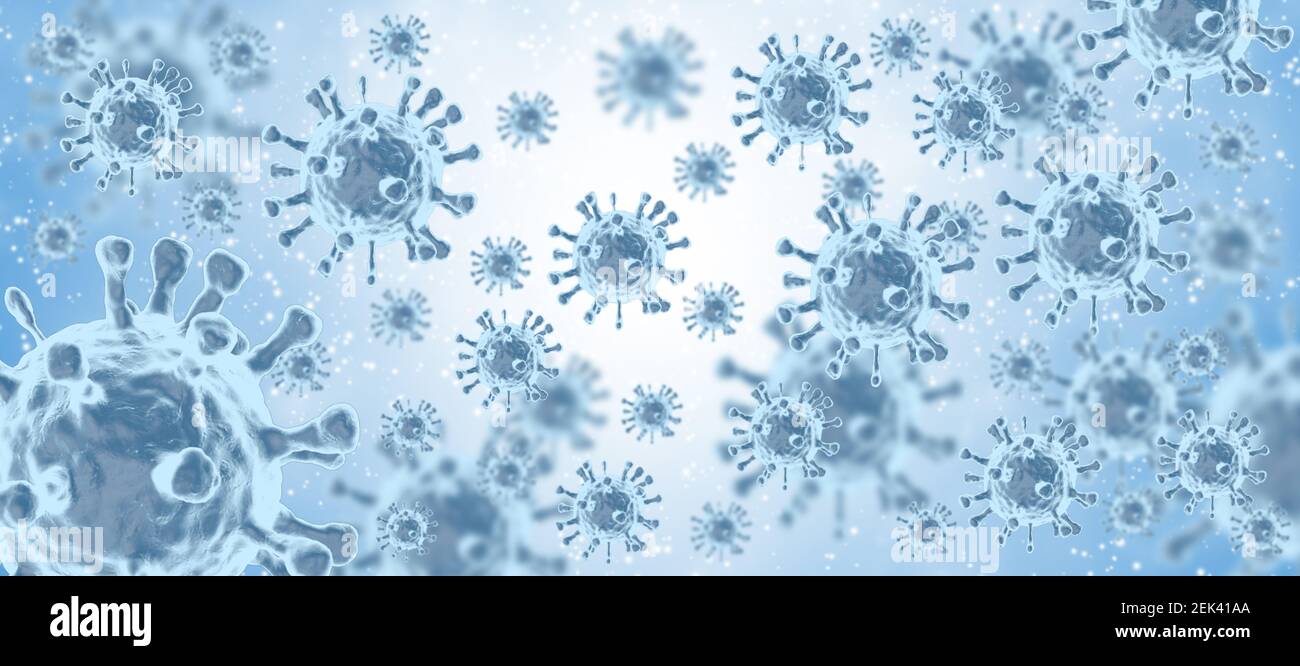 Viren oder Bakterien unter dem Mikroskop. Abstract 3D Mikroben Hintergrund auf blauem Hintergrund. Allergie-Erreger oder Bakterien, mikrobiologische Konzept. Stockfoto