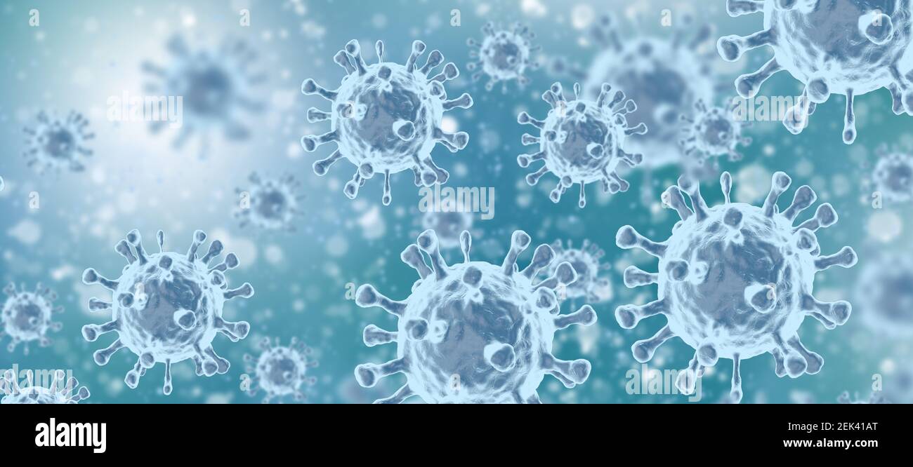 Viren oder Bakterien unter dem Mikroskop. Abstract 3D Mikroben Hintergrund auf blauem Hintergrund. Allergie-Erreger oder Bakterien, mikrobiologische Konzept. Stockfoto