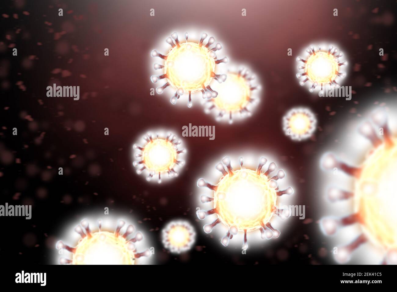 Viren oder Bakterien unter dem Mikroskop. Abstrakter Hintergrund von 3D glühenden Mikroben auf dunkelrotem Hintergrund. Allergie-Erreger oder Bakterien, microb Stockfoto