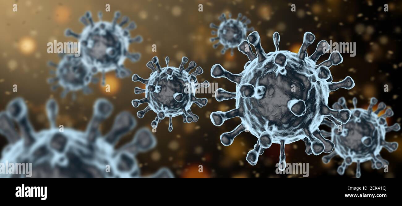 Viren oder Bakterien unter dem Mikroskop. Abstract 3D Mikroben Hintergrund auf dunklem Hintergrund. Allergie-Erreger oder Bakterien, mikrobiologische Konzept. Stockfoto