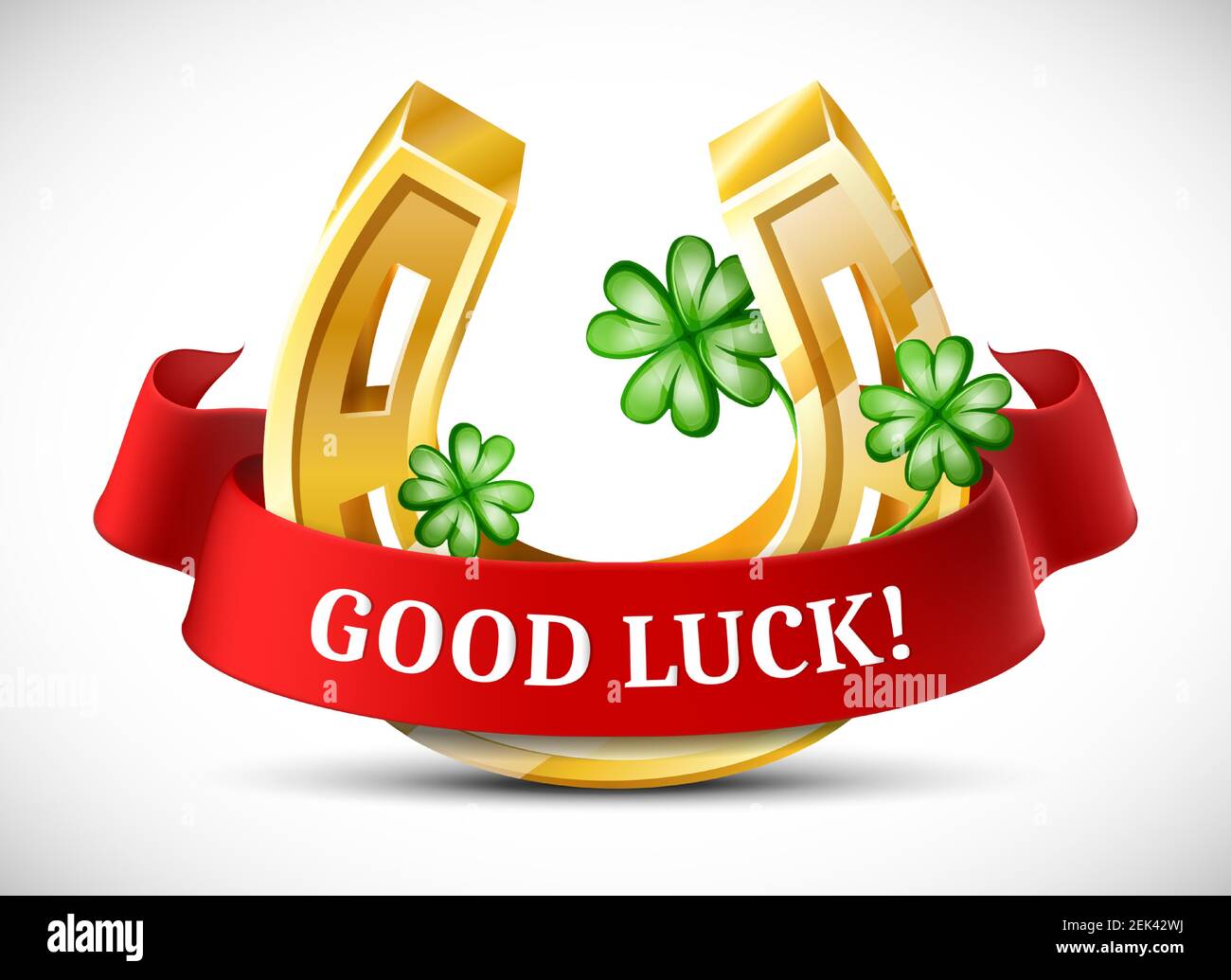 Vektor Cartoon-Stil goldenen Hufeisen mit Kleeblättern und viel Glück roten Band mit Platz für Ihren Text. Stock Vektor