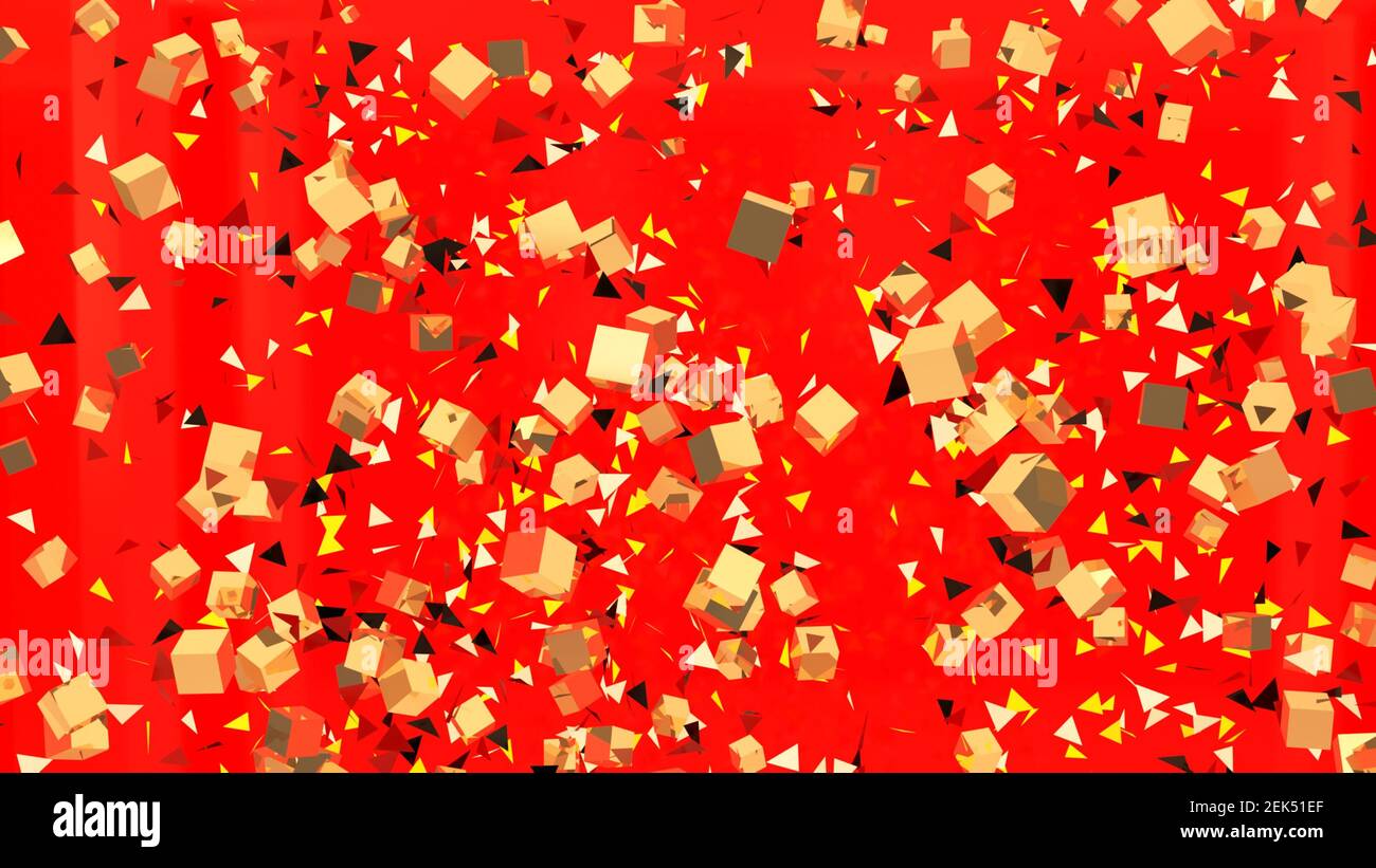 Roter Farbhintergrund mit goldenen Würfeln und gelben Dreiecken. Glückshintergrund 3D Render Stockfoto