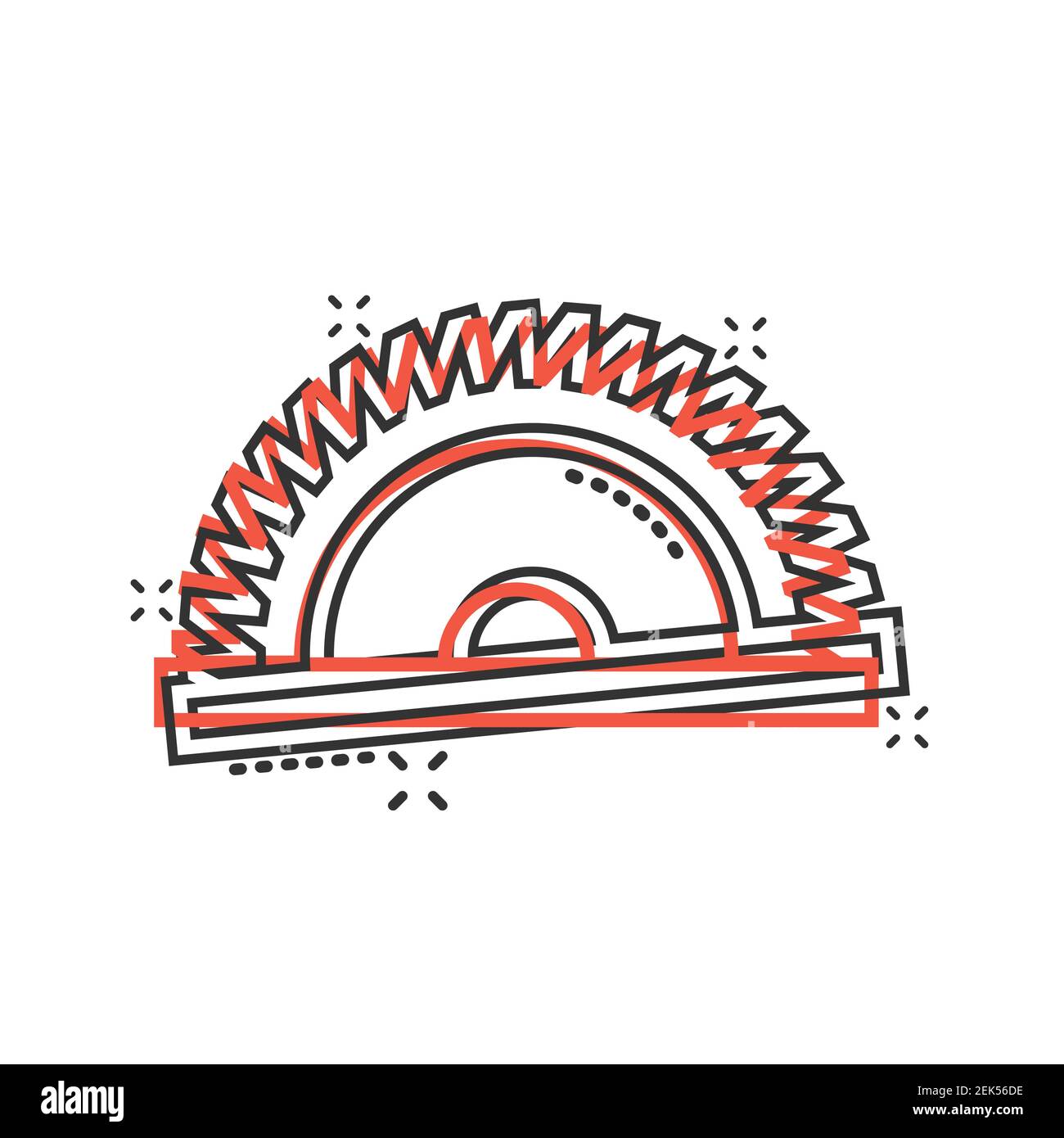 Sägeblatt-Ikone im Comic-Stil. Kreisförmige Maschine Cartoon Vektor-Illustration auf weißem isolierten Hintergrund. Geschäftskonzept mit drehbarer Scheibe mit Splash-Effekt. Stock Vektor
