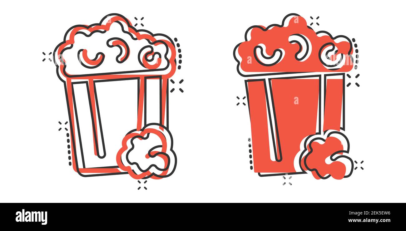 Filmikone im Comic-Stil. Popcorn Cartoon Vektor-Illustration auf weißem Hintergrund isoliert. Pop Mais Eimer Splash-Effekt Geschäftskonzept. Stock Vektor