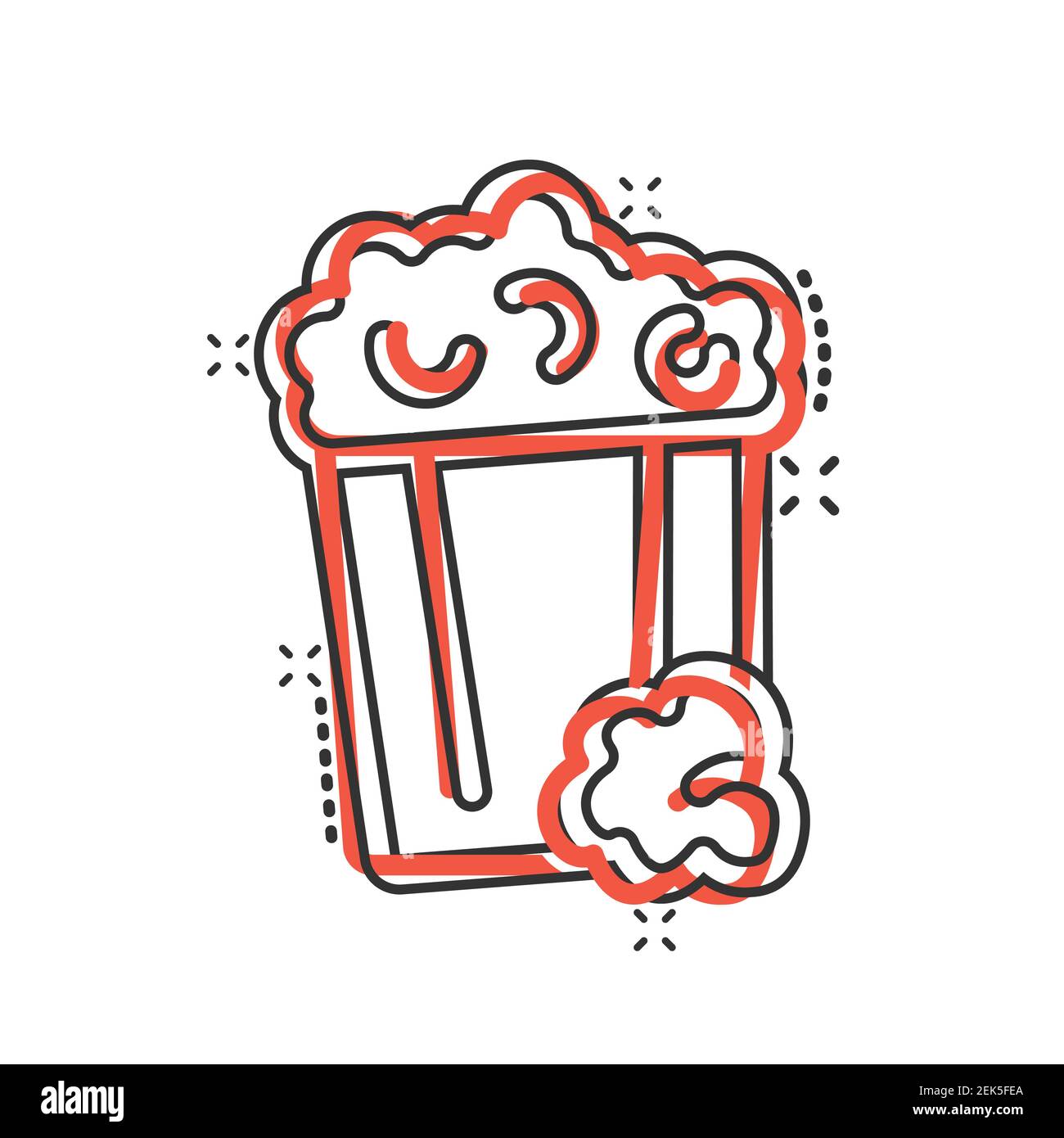 Filmikone im Comic-Stil. Popcorn Cartoon Vektor-Illustration auf weißem Hintergrund isoliert. Pop Mais Eimer Splash-Effekt Geschäftskonzept. Stock Vektor