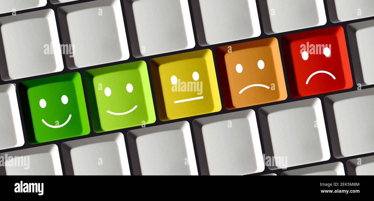 Feedback Smiley Tasten auf Laptop-Tastatur - Konzept Review Stockfoto