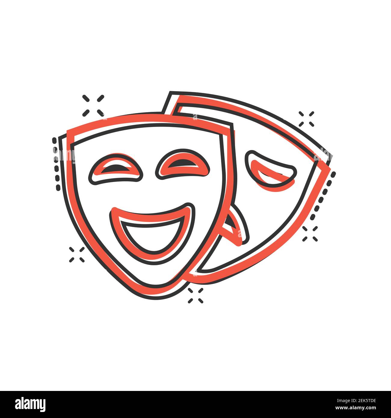 Theater Maske Symbol im Comic-Stil. Comedy und Tragödie Cartoon Vektor-Illustration auf weißem Hintergrund isoliert. Lächeln Gesicht Splash Effekt Business Conce Stock Vektor