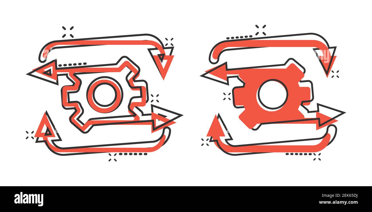 Workflow-Symbol im Comic-Stil. Gear effektive Cartoon Vektor-Illustration auf weißem isolierten Hintergrund. Prozessorganisation Splash-Effekt Business con Stock Vektor