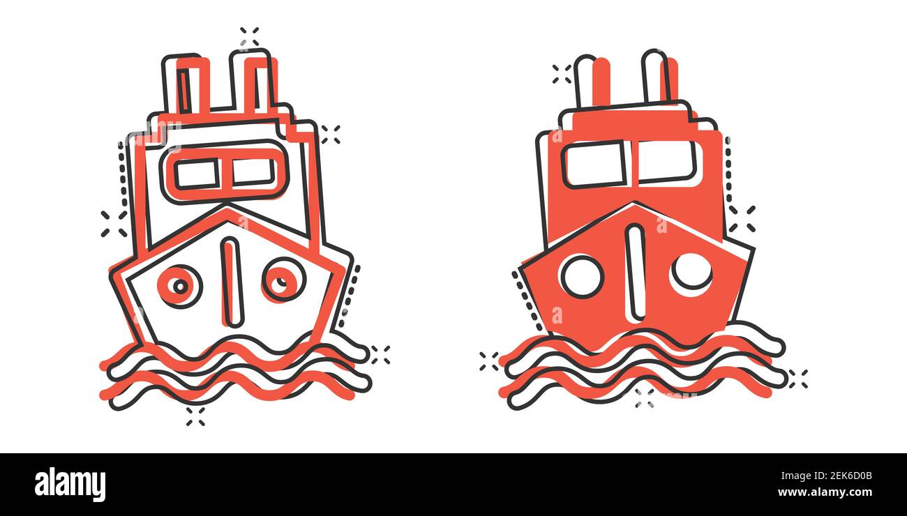 Tourismus Schiff Ikone im Comic-Stil. Fischerboot Cartoon Vektor-Illustration auf weißem isolierten Hintergrund. Tanker Destination Splash Effect Business con Stock Vektor