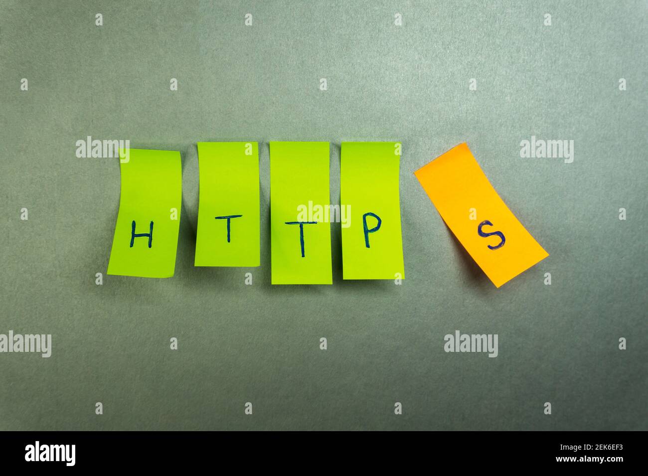 Papiernotizen mit dem Begriff HTTPS auf grauem Hintergrund Stockfoto