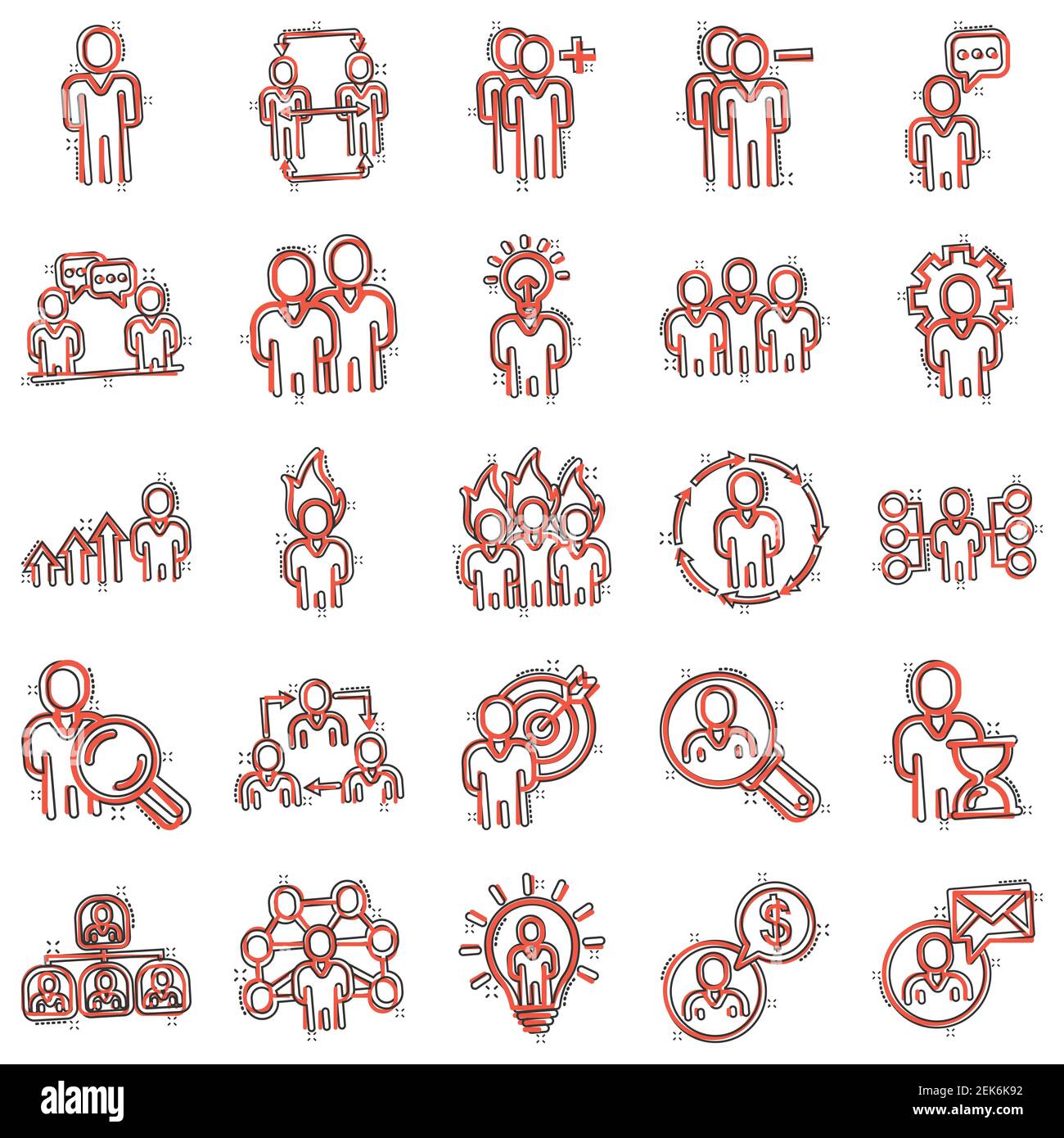 Menschen Führung Symbol in Comic-Stil gesetzt. Person Cartoon Sammlung Vektor-Illustration auf weißem isolierten Hintergrund. User Teamwork Splash Effect Bus Stock Vektor