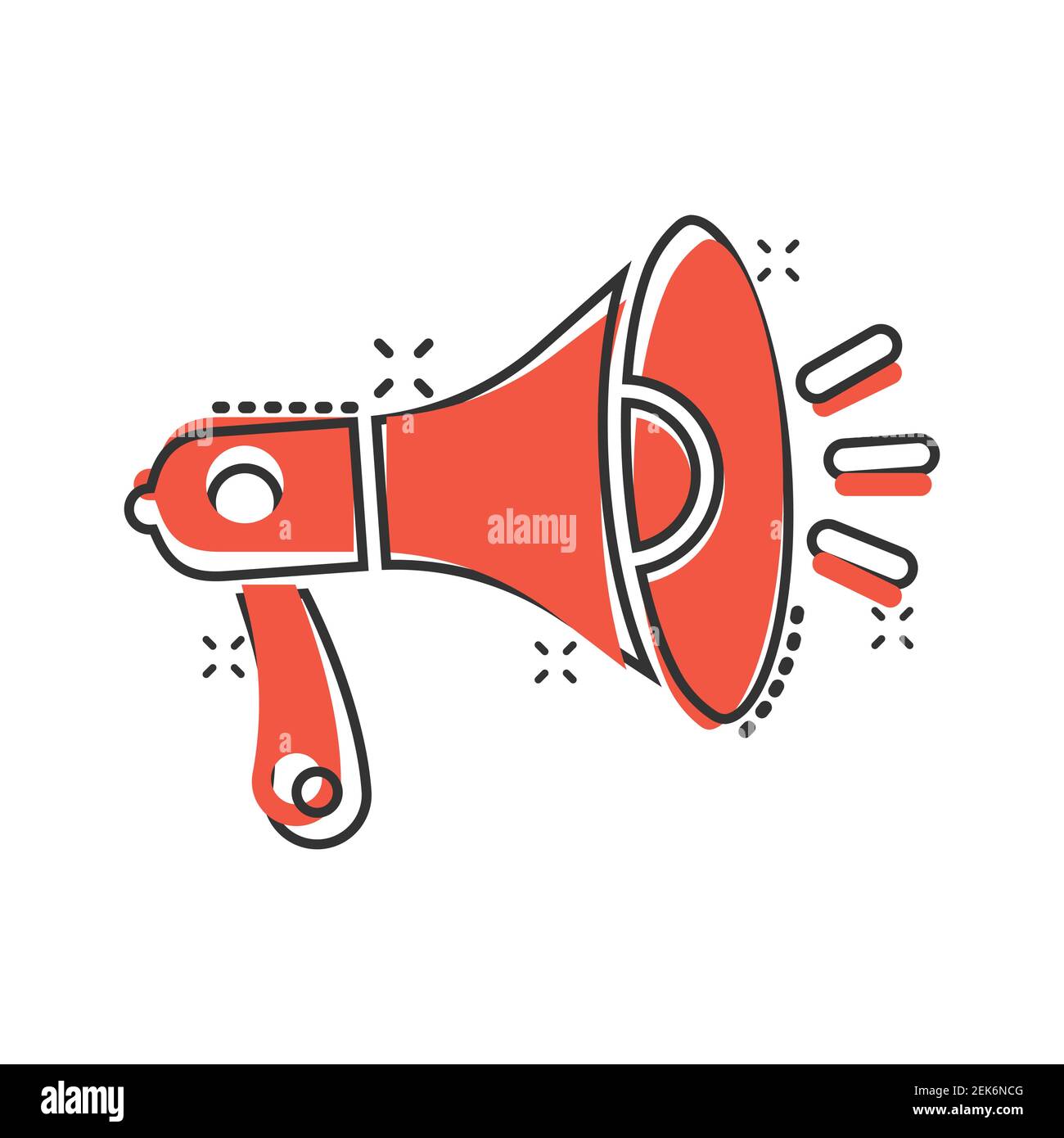 Megafon-Lautsprecher-Ikone im Comic-Stil. Bullhorn Zeichen Cartoon Vektor-Illustration auf weißem isolierten Hintergrund. Scream Ansage Splash Effect Busin Stock Vektor