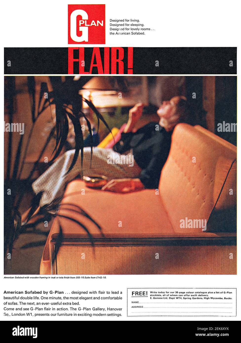 1965 Britische Werbung für das amerikanische Sofabett von G-Plan Furniture. Stockfoto