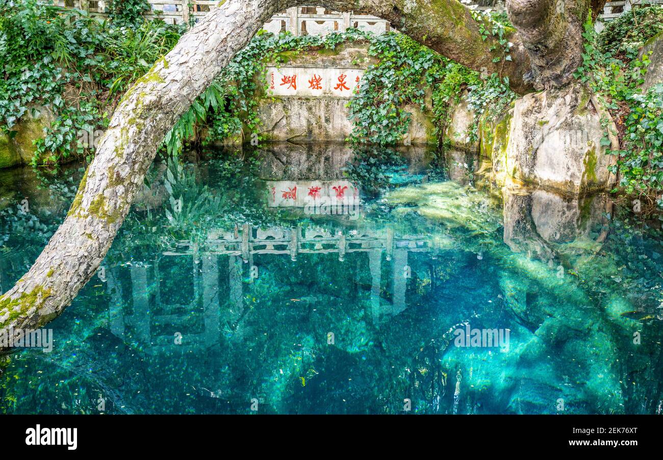 Die Schmetterlingsquelle mit kristallklarem bunten Wasserbecken in Dali Yunnan China (Übersetzung: Hudiequan oder Schmetterlingsquelle) Stockfoto