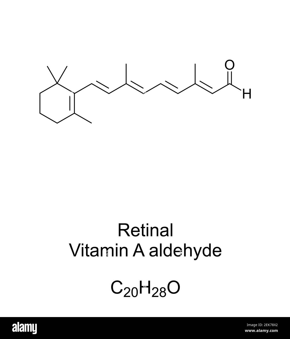 Netzhaut, Vitamin A Aldehyd, chemische Formel und Skelettstruktur. Auch bekannt als Retinaldehyd, eine Form von Vitamin A, und chemische Grundlage des Sehens. Stockfoto