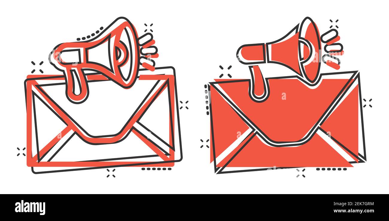 Briefumschlag Benachrichtigungssymbol im Comic-Stil. E-Mail mit Lautsprecher Cartoon Vektor-Illustration auf weißem isolierten Hintergrund. Empfangen Sie die E-Mail-Nachricht Splash ef Stock Vektor