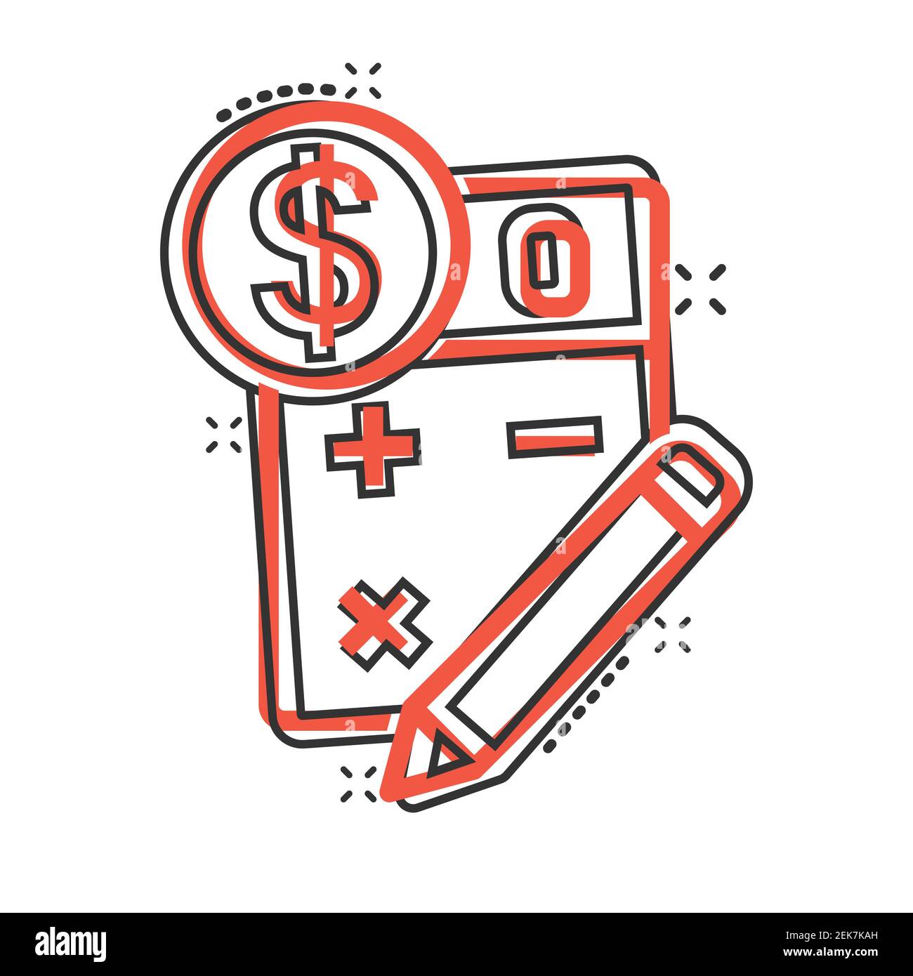 Steuerzahlung Symbol im Comic-Stil. Budget Rechnung Cartoon Vektor Illustration auf weißem Hintergrund isoliert. Rechner mit Dollar-Münze und Bleistiftsplaß Stock Vektor