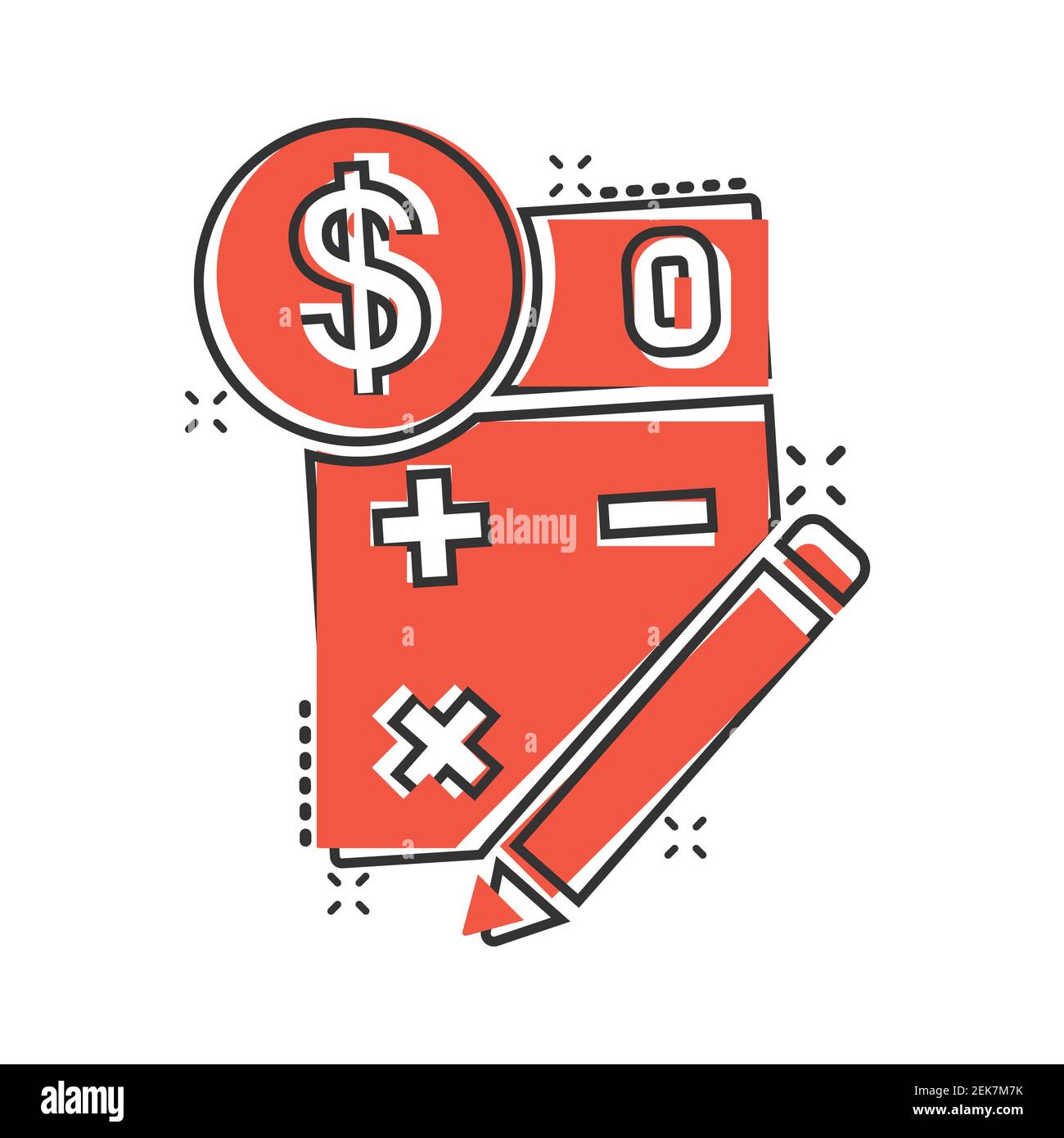 Steuerzahlung Symbol im Comic-Stil. Budget Rechnung Cartoon Vektor Illustration auf weißem Hintergrund isoliert. Rechner mit Dollar-Münze und Bleistiftsplaß Stock Vektor
