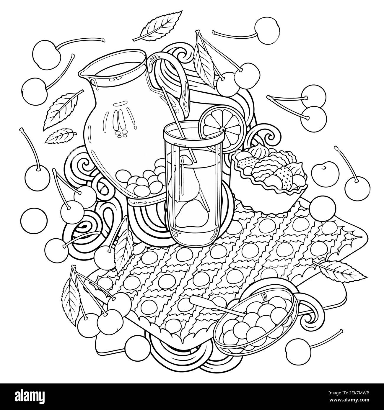 Süßigkeiten, Beeren, Früchte, Getränke Illustration Stockfoto