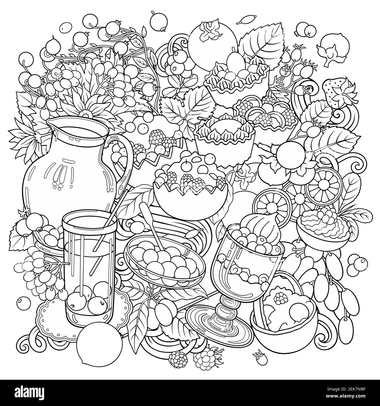 Süßigkeiten, Beeren, Früchte, Getränke Illustration Stockfoto