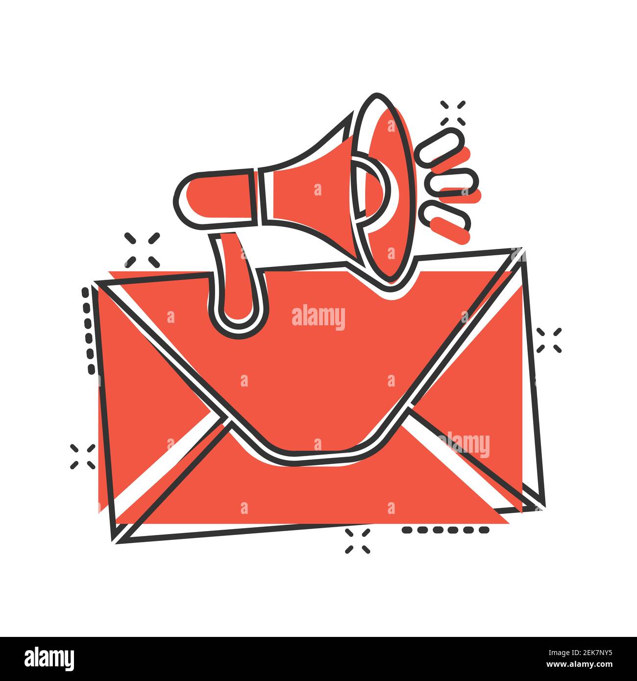 Briefumschlag Benachrichtigungssymbol im Comic-Stil. E-Mail mit Lautsprecher Cartoon Vektor-Illustration auf weißem isolierten Hintergrund. Empfangen Sie die E-Mail-Nachricht Splash ef Stock Vektor