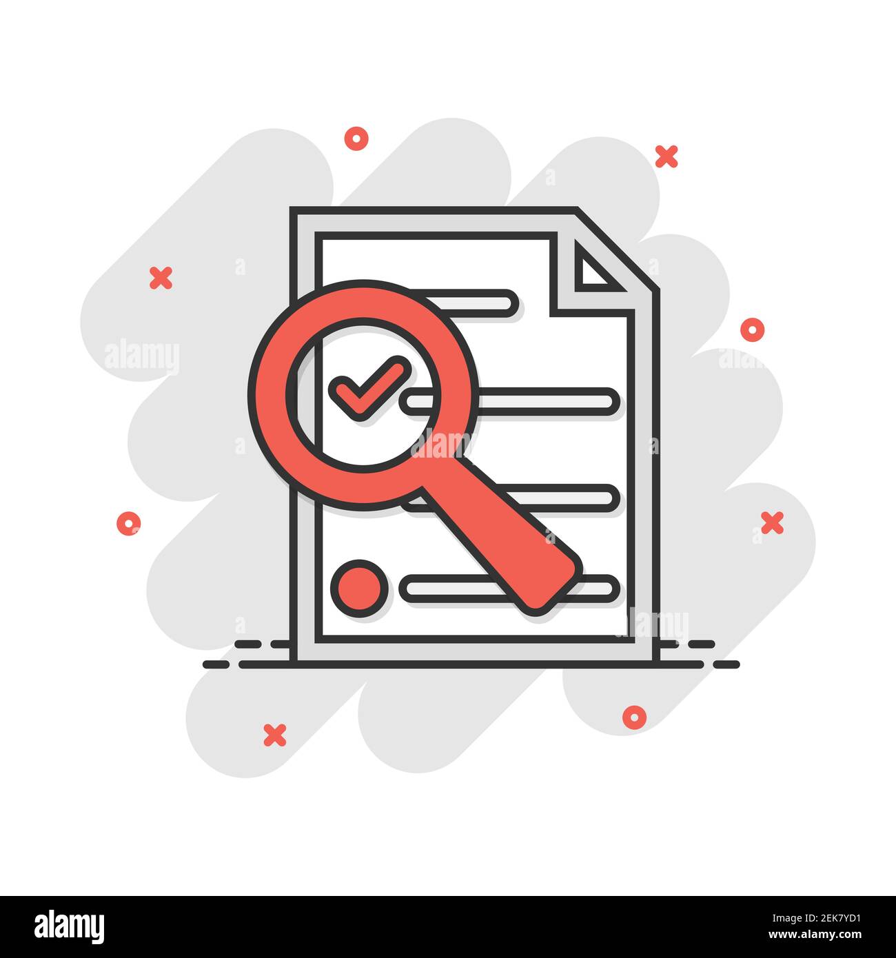 Cartoon Dokumentsymbol im Comic-stil. Dokument Dateien zoom Abbildung Piktogramm. Mit Checkliste Zeichen splash Geschäftskonzept Lupe. Stock Vektor