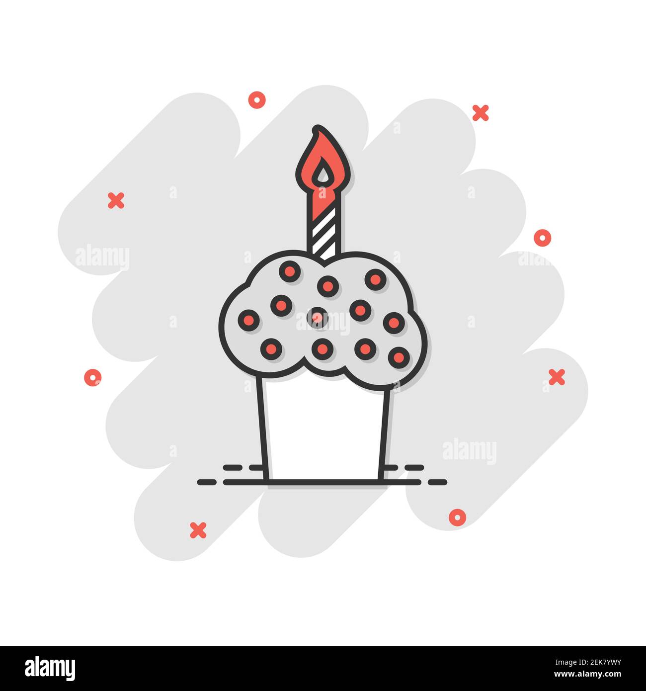 Cartoon Geburtstagstorte Ikone im ComicStil. Frische Kuchen Muffin