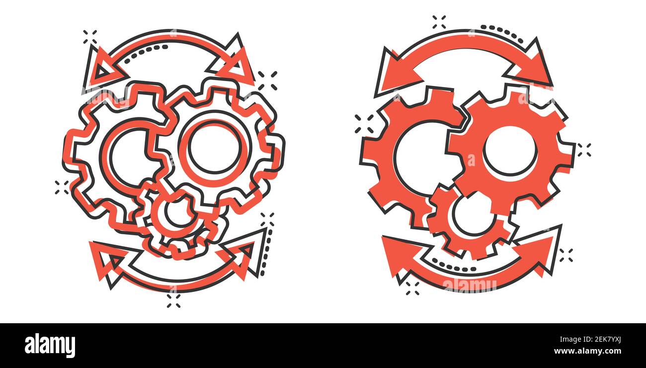 Workflow-Symbol im Comic-Stil. Gear effektive Cartoon Vektor-Illustration auf weißem isolierten Hintergrund. Prozessorganisation Splash-Effekt Business con Stock Vektor