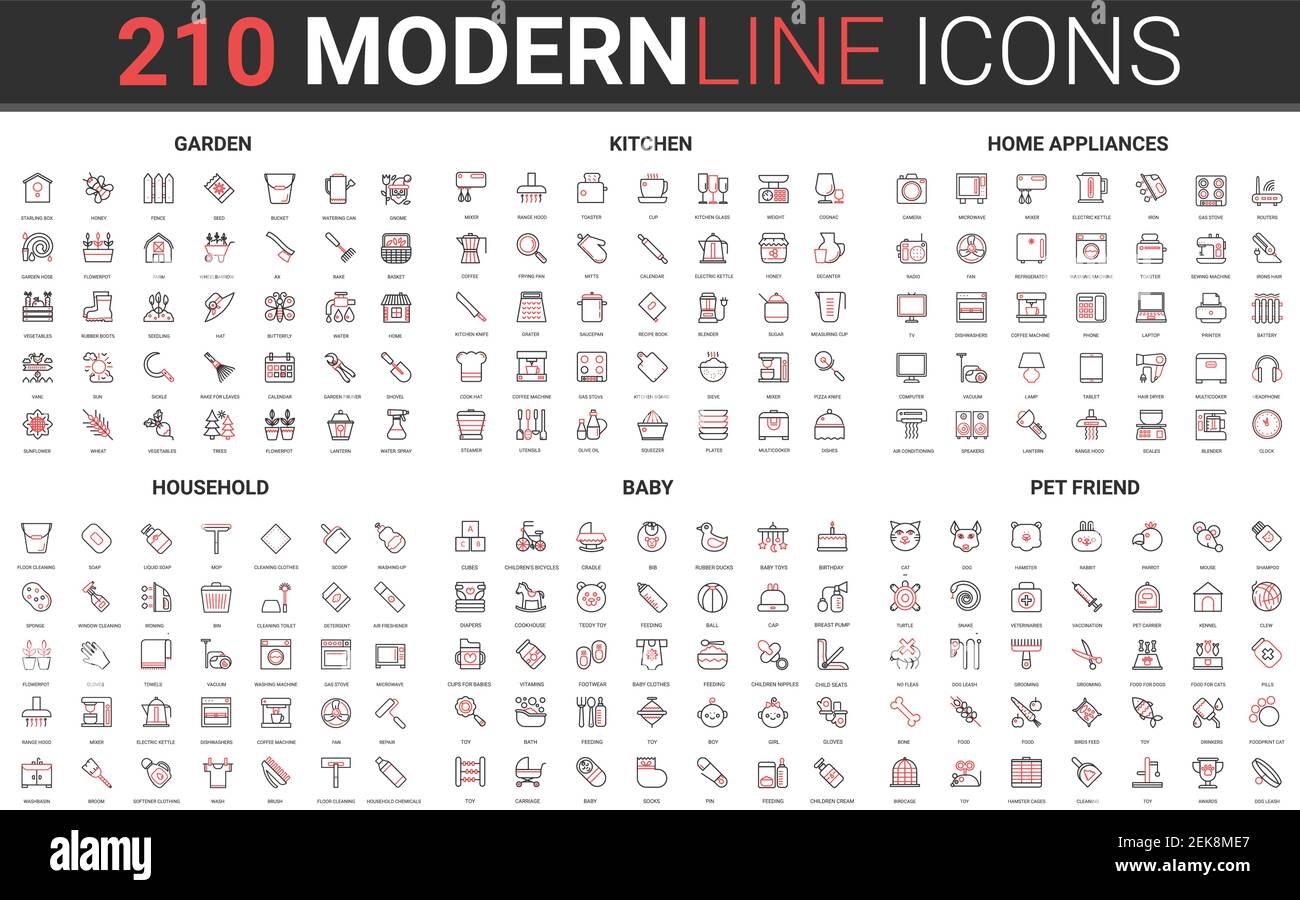 210 rot schwarz dünne Linie Haushalt moderne Ikone Set von Haushaltsgerät für die Küche Hausarbeit, Geschirr, Möbelwerkzeuge für Gartenarbeit und Babyspielzeug, Haustier-Zubehör Symbole Vektor-Illustration Stock Vektor