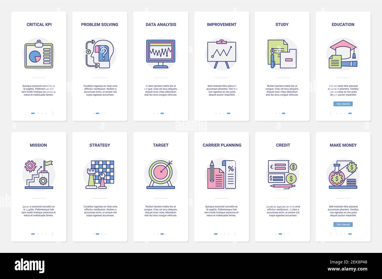 Erfolgreiche Geschäftsstrategie, um Geld Vektor Illustration zu machen. UX, UI Onboarding mobile App Seite Bildschirm mit Linie Ziel Studie Business-Technologie, um Probleme zu lösen, Erfolg bei der Zielplanung Stock Vektor