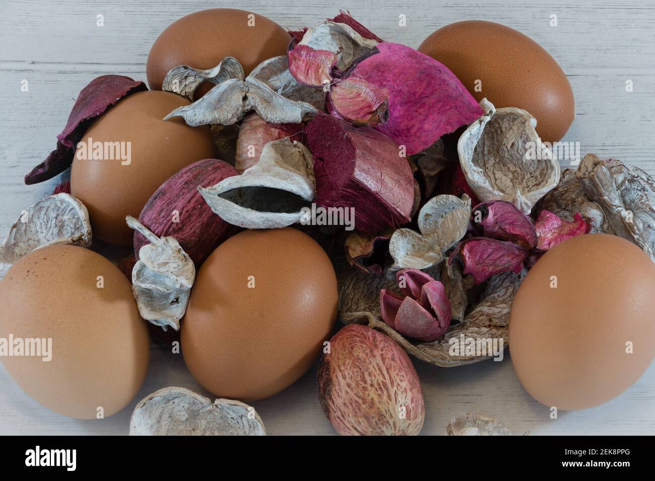 SIS Eier bereit für Ostern Malen auf einem weißen Brett mit getrockneten und bemalten dekorativen Blättern. Stockfoto