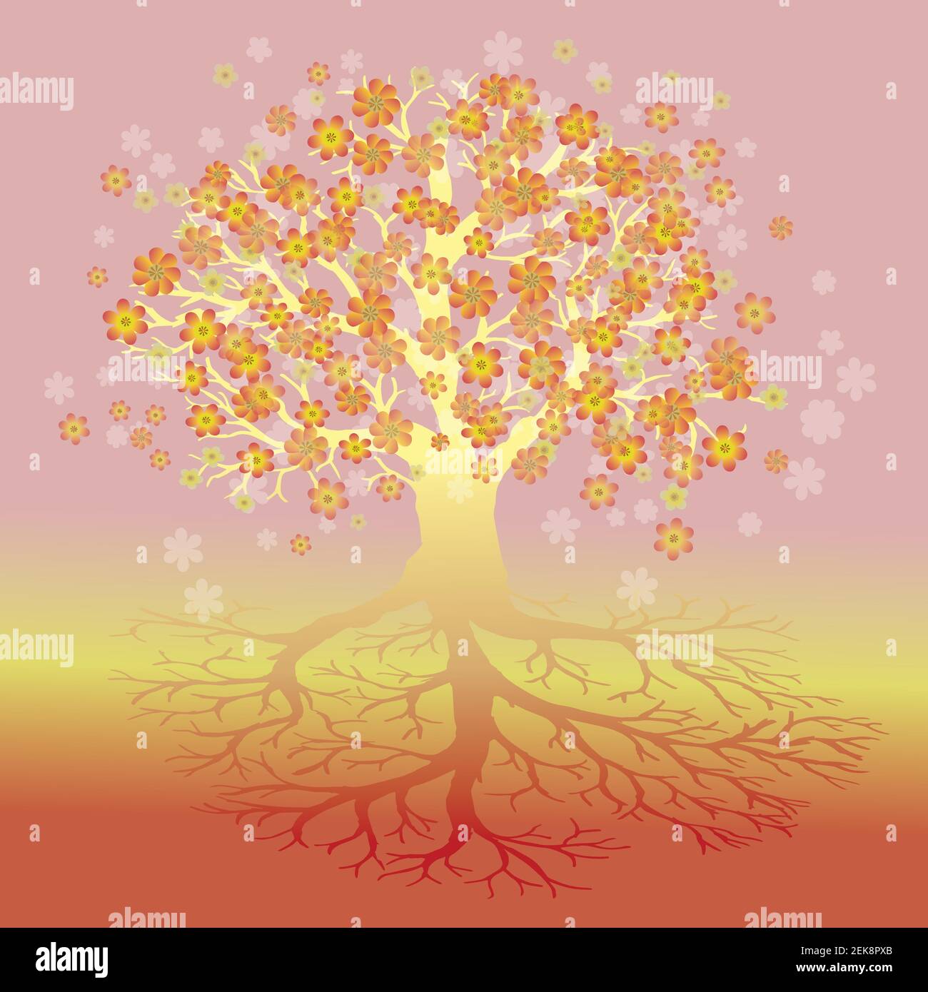 Lebensbaum mit gelben, orangen und roten Blüten. Die Zweige der Krone sind gelb. Stock Vektor
