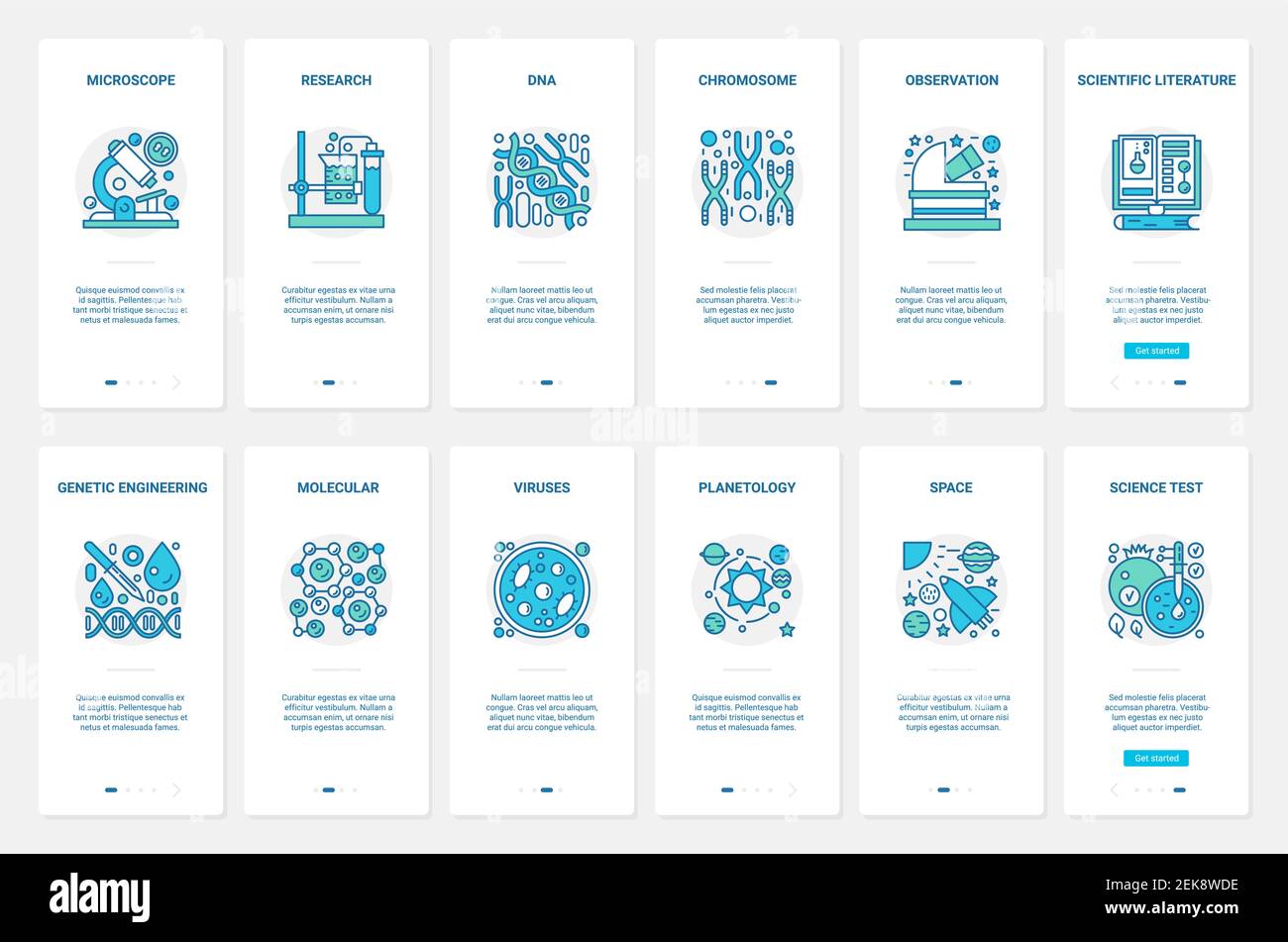 Wissenschaftliche Laborforschung Vektordarstellung. UX, UI Onboarding mobile App Seite Bildschirm mit Linie Wissenschaft Test Forscher Labor Symbole der Gentechnik, Raum Planetologie, Mikrobiologie Stock Vektor