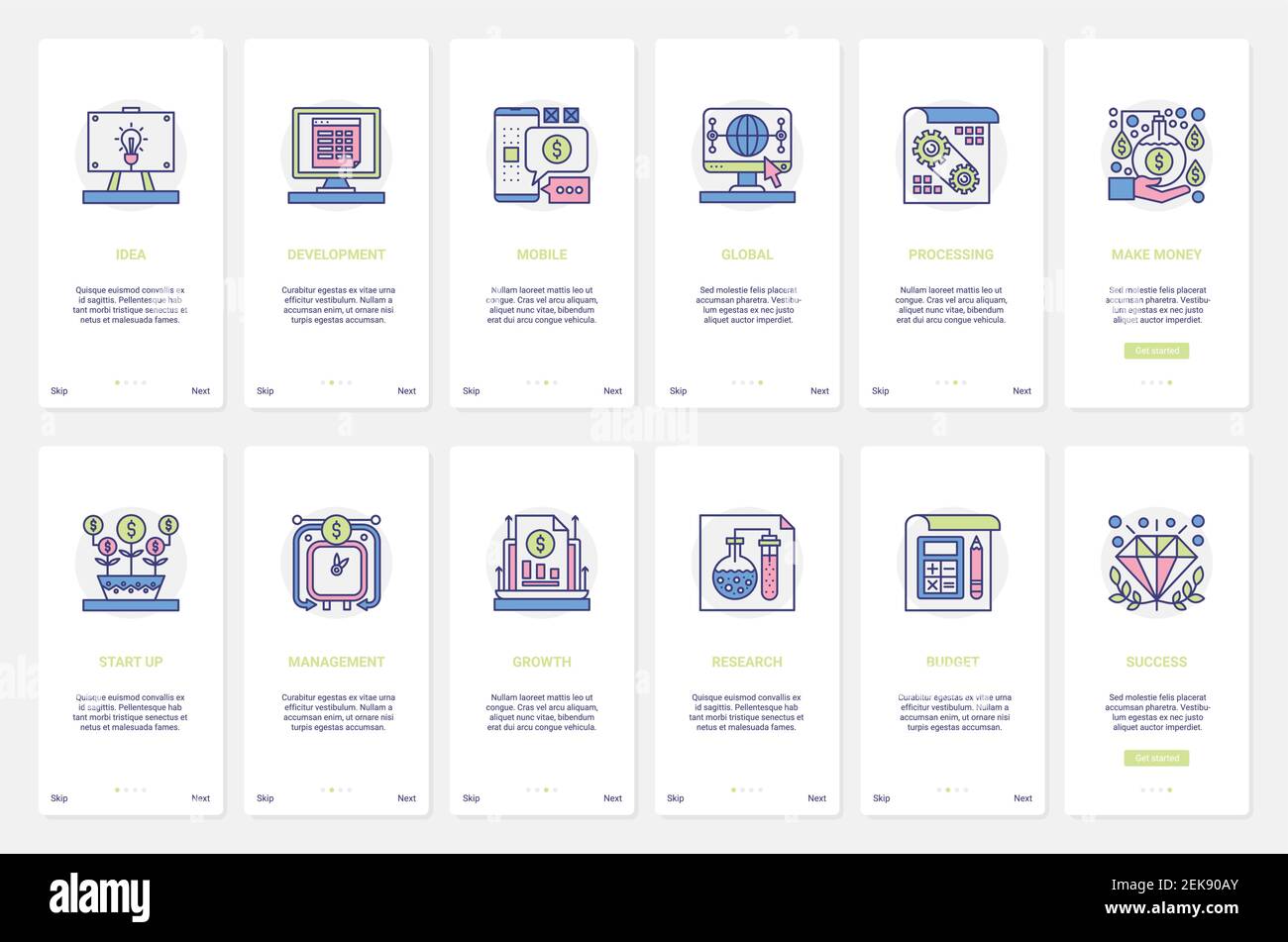 Business Development Finanztechnologie Vektor Illustration. UX, UI Onboarding mobile App Seite Bildschirm mit Line-Management-Prozess, um Geld zu verdienen, Finanzierung Forschung für Startup kreative Idee Stock Vektor