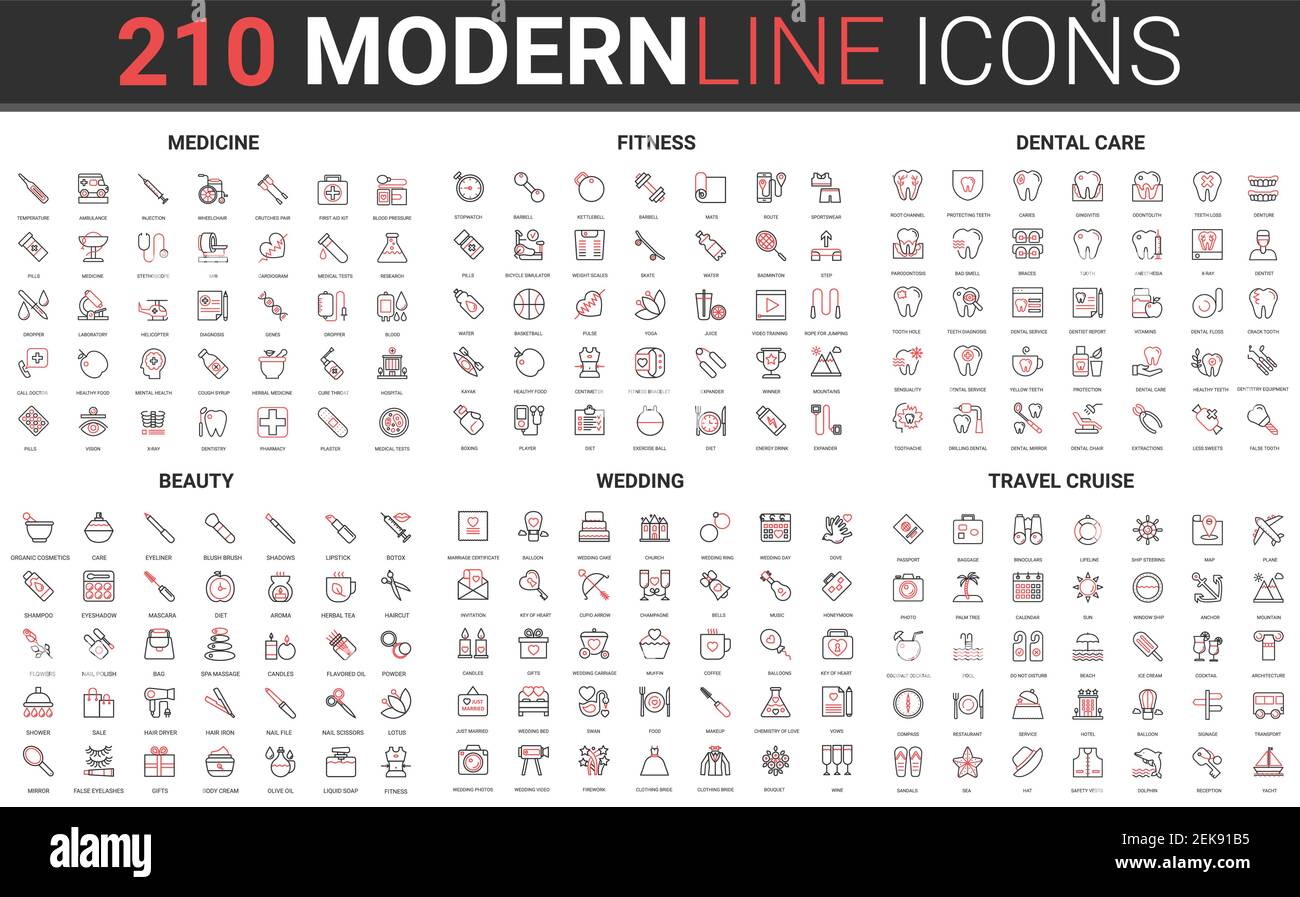 Medizin, Schönheit Hochzeit, Reise Vektor Illustration. 210 rot schwarz dünne Linie Symbol Satz von Brautfest Symbole, Sport-Aktivität oder medizinische Versorgung, Make-up Beauty-Behandlung, Reise-Kreuzfahrt. Stock Vektor