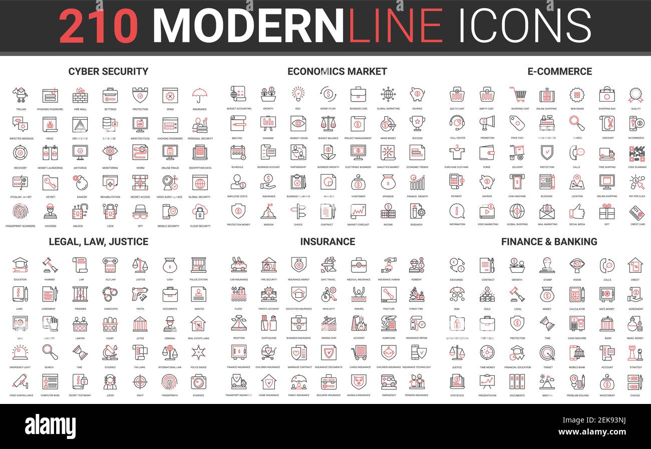 180 moderne rote schwarze dünne Linie Symbole Satz von Rechts-, Rechts-und Justizwesen, Versicherung, Bankfinanzierung, Cyber-Sicherheit, economics Markt, E-Commerce Sammlung Vektor Illustration. Stock Vektor