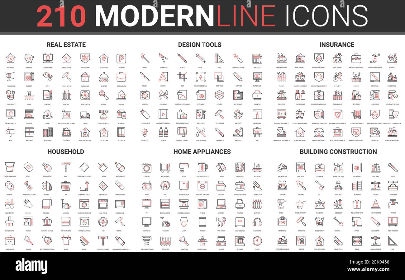 210 moderne rote schwarze dünne Linie Symbole Satz von Haushalt, Haushaltsgeräte, Bau, Immobilien, Design-Tools, Vektorgrafik für Versicherungsschutz. Stock Vektor