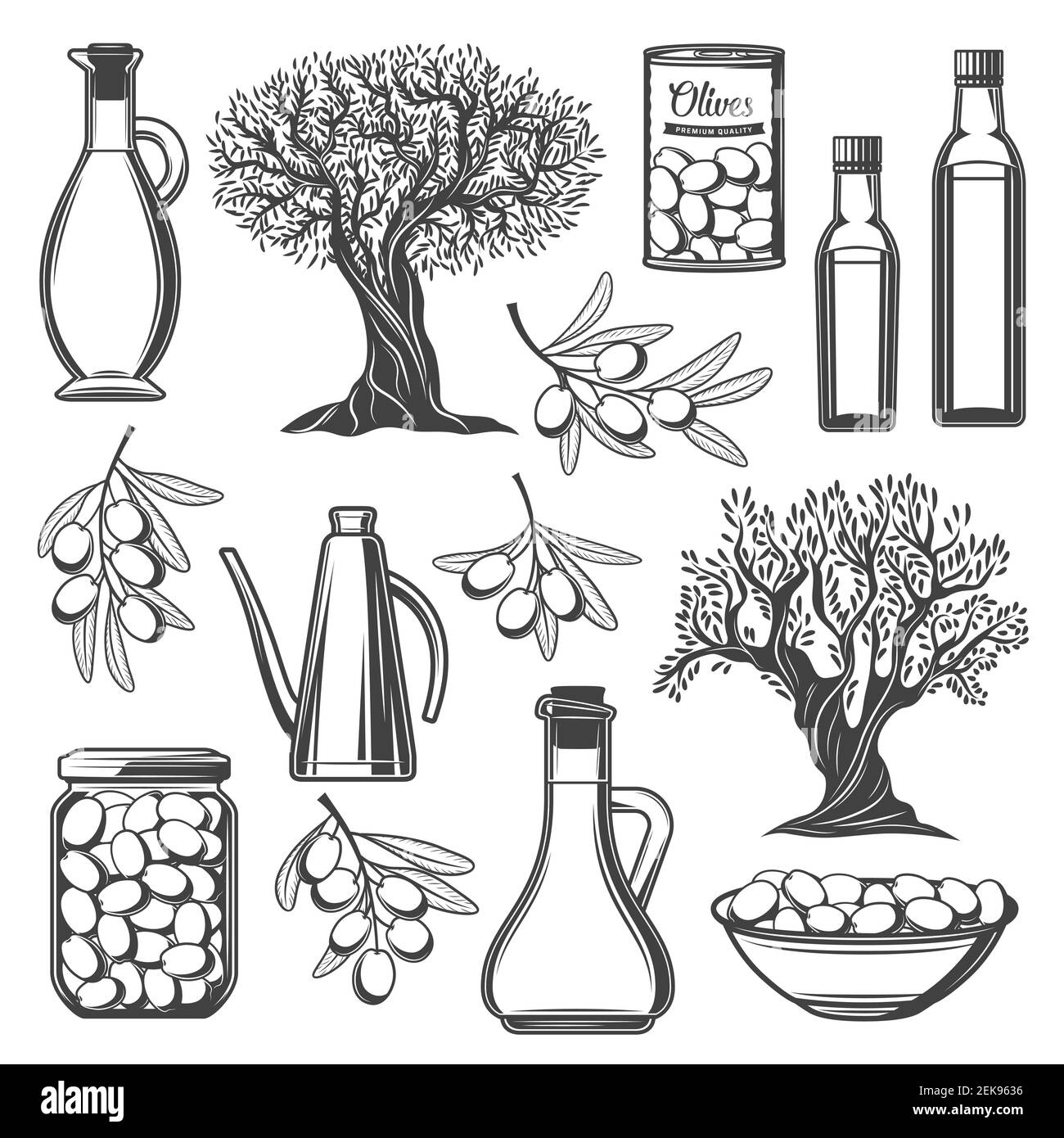 Olive Vektor-Icons mit Ölflaschen, Olivenzweige und Baum, Dose, Schüssel und Glas mit frischen und eingelegten Früchten. Vegetarisches Essen, Salatwürze und m Stock Vektor