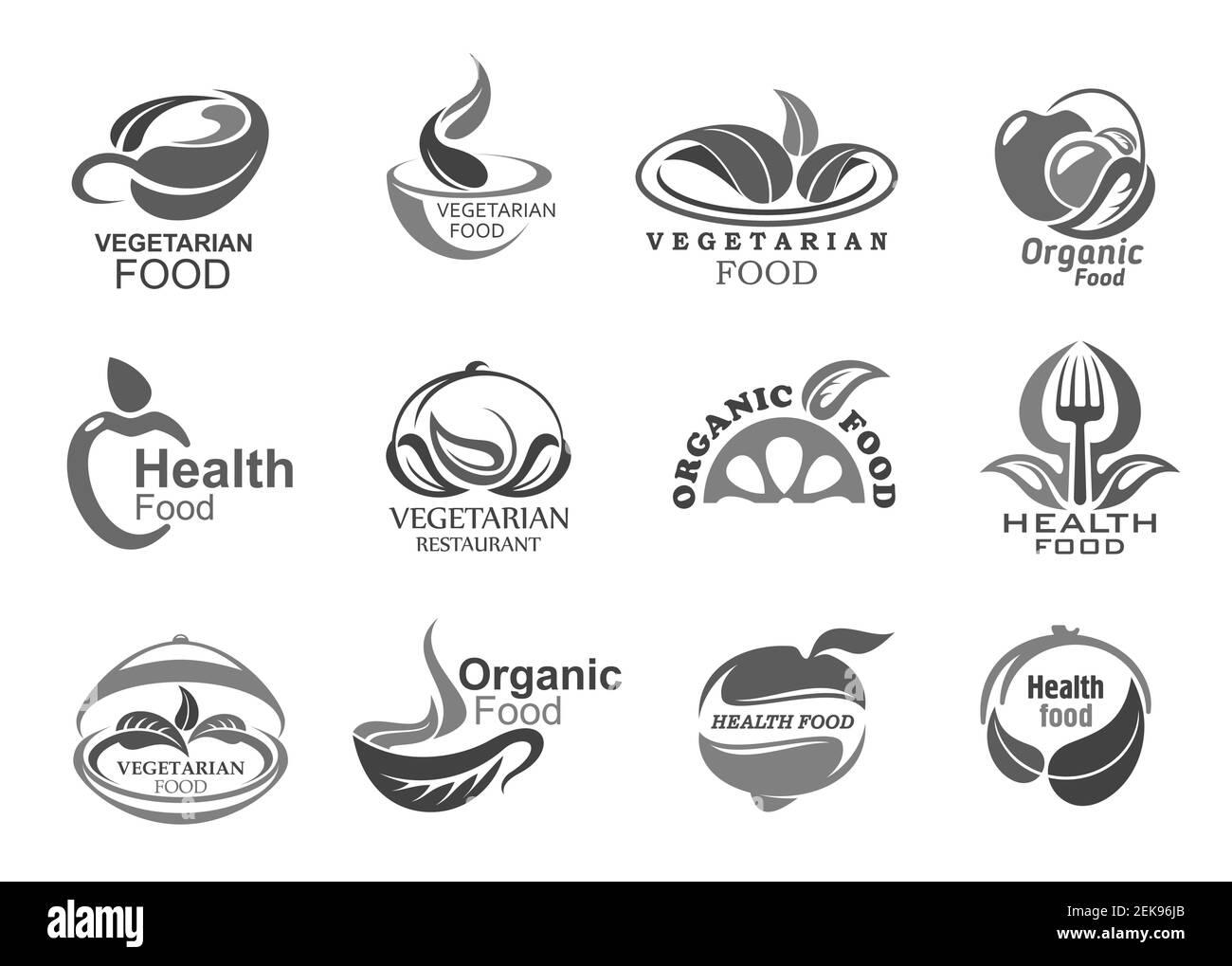 Vegetarische Lebensmittel Vektor-Symbole für gesunde, organische und vegane Mahlzeit. Frisches Obst, Gemüse und Getreide auf Restaurant Serviertablett mit Teller, für Stock Vektor