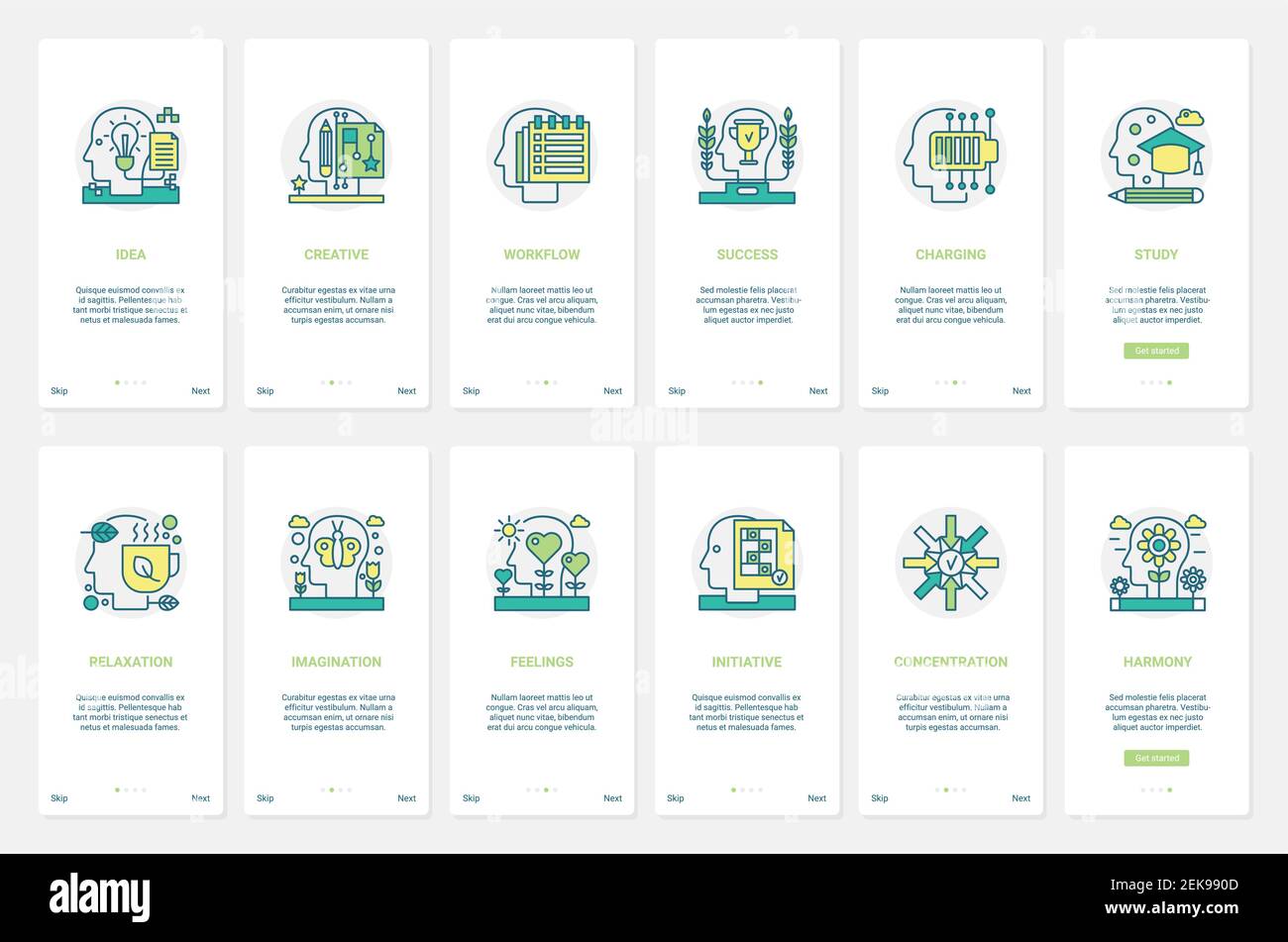 Gehirn Arbeit und Ruhe Entspannung Vektor Illustration. UX, UI Onboarding mobile App Seite Bildschirm mit Linie menschliches Gehirn in Erfolg Workflow-Prozess, kreative Phantasie und glückliche Gefühle Symbole gesetzt Stock Vektor