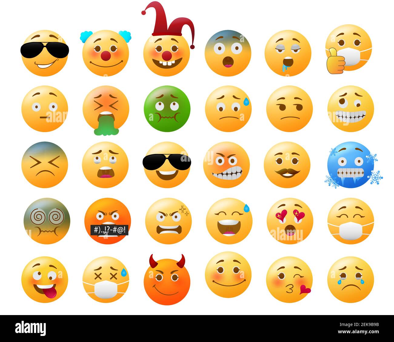 Smiley-Emoji-Vektorset. Smileys gelbes Symbol in lustigen, kranken, schwindelerregenden und kalten Gesichtsausdrücken isoliert in weißem Hintergrund für Emoticon Sammlung. Stock Vektor