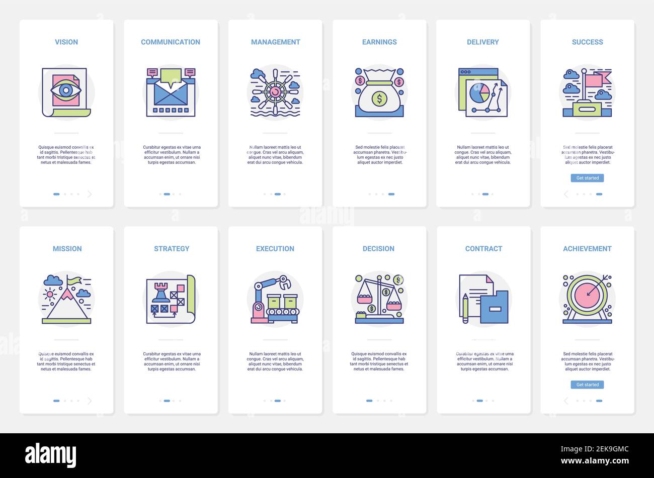 Business-Management-Technologie, Erfolgsstrategie Vektor Illustration. UX, UI Onboarding Mobile App Seite Bildschirm mit Analysen, Analyse Bericht von Experten Manager in Business Goal Achievement Stock Vektor