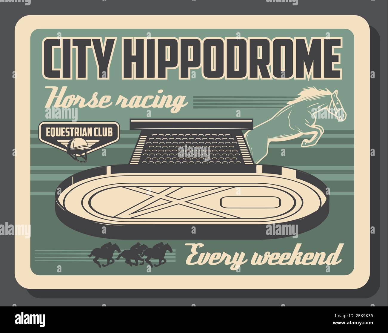 Hippodrome, Pferderennen Sport Vintage Poster. Vector Pferderennen Training und Pferdeclub Meisterschaft Turnier auf Pferderennbahn Arena mit Bar Stock Vektor