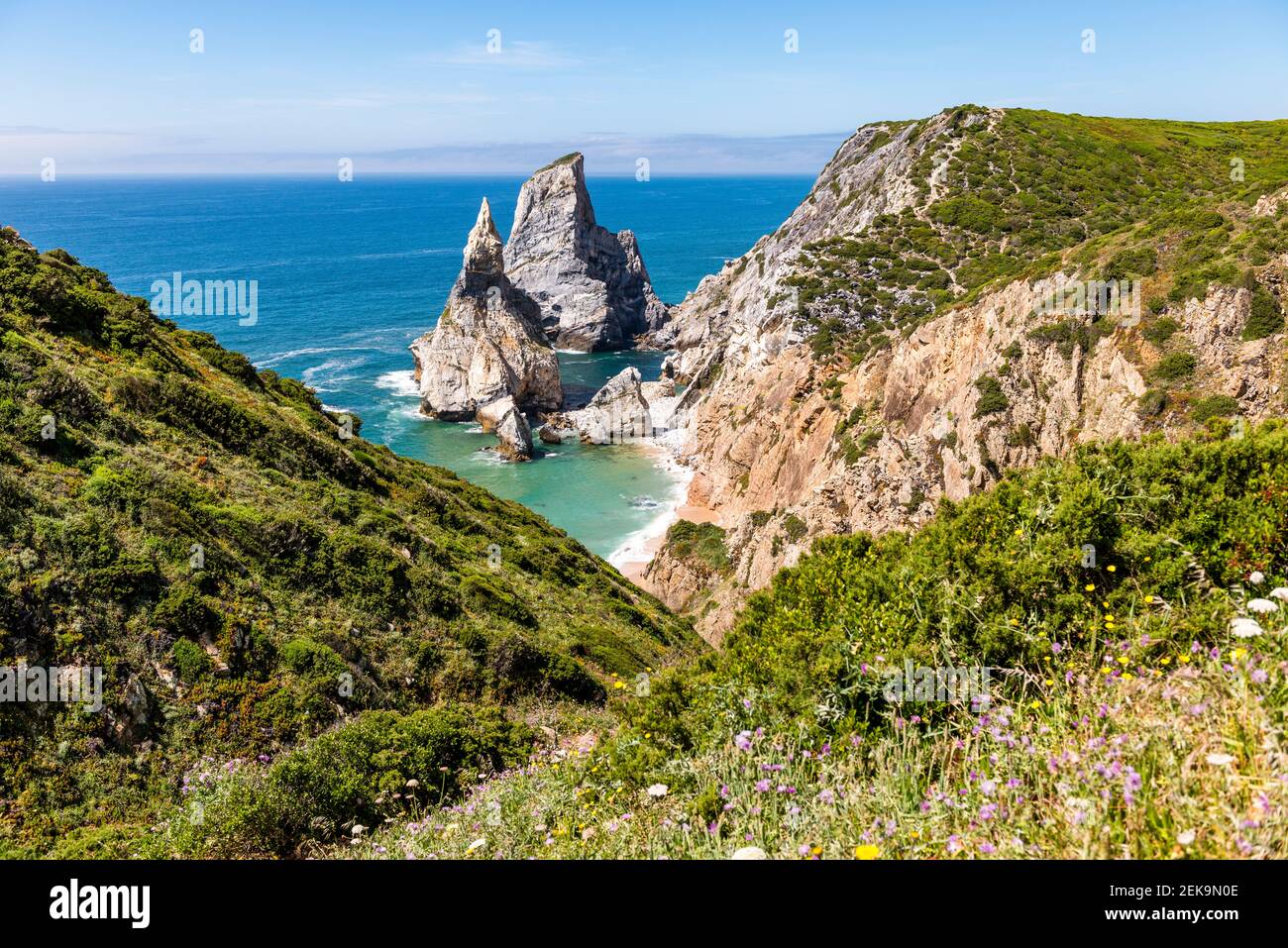 Grüne Küste und Stapel Felsen im Meer Stockfoto